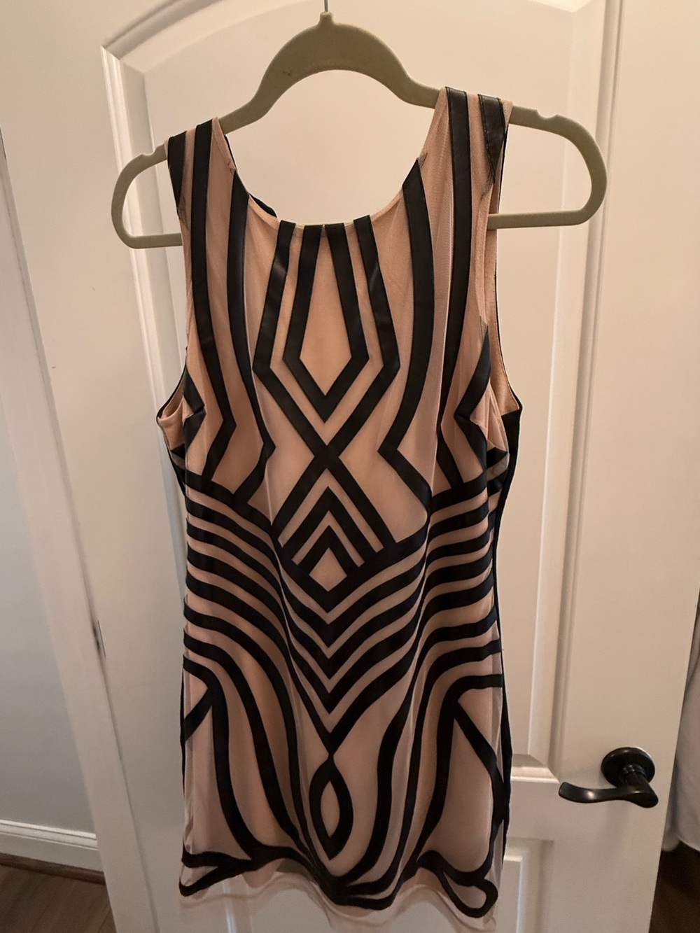 Adelyn Rae Nude Dress with Black Geometric Stripes